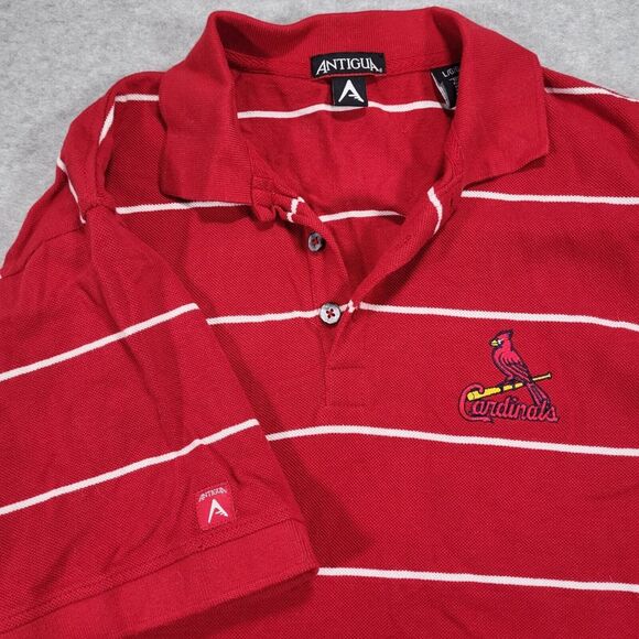 St.‎ Louis Cardinals Mens Large Antigua Red White Stripe Polo Embroidered Logo - Picture 1 of 9